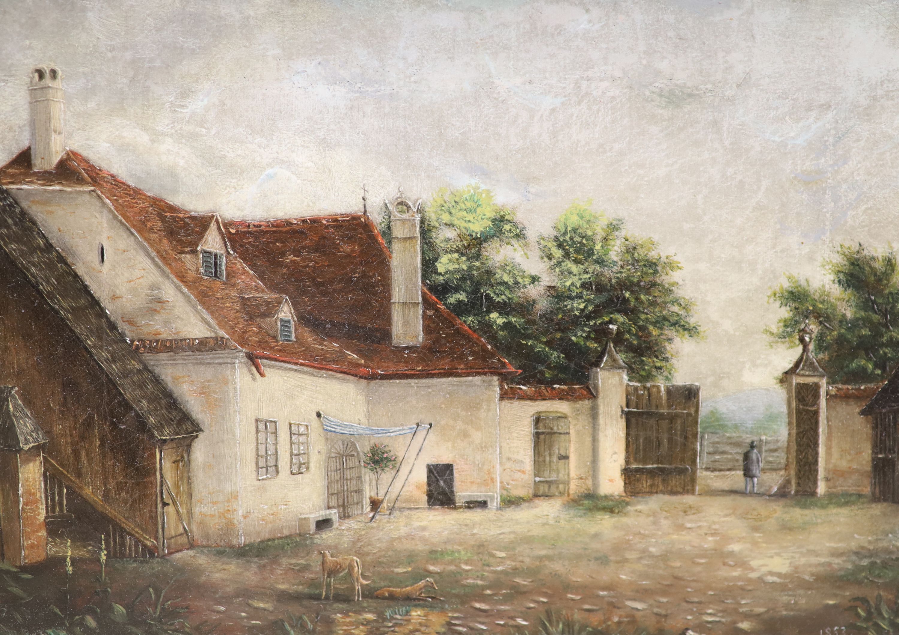 Victorian School, oil on canvas, Courtyard scene with dogs and figure in a gateway, dated 1853, 18 x 26cm